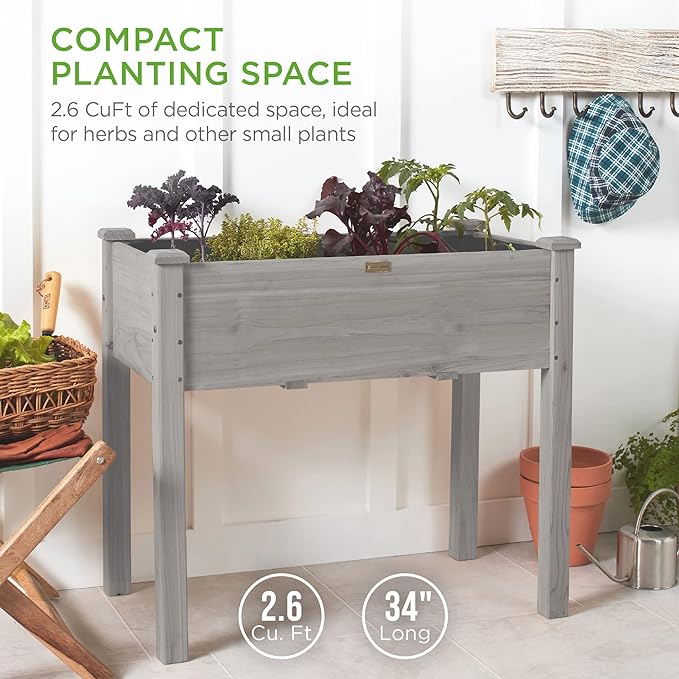 Best Choice Products 34x18x30in Raised Garden Bed, Elevated Wood Planter Box Stand for Kids, Backyard, Patio, Balcony w/Bed Liner, 150lb Capacity - Gray