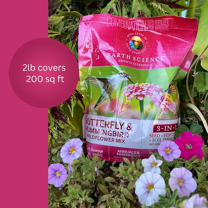 Earth Science 6 lb Wildflower Butterfly & Hummingbird Mix, 3-in-1 Premium Wildflower Seed, Plant Food and Soil Conditioners, Non-GMO for Bees, Hummingbirds, Butterflies, Pollinators