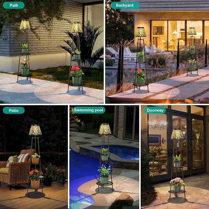 2 Pack Metal Solar Floor Lights Outdoor with Plant Stands, 45.5'' Solar Powered Street Lights, for Garden Yard Pathway Driveway Porch