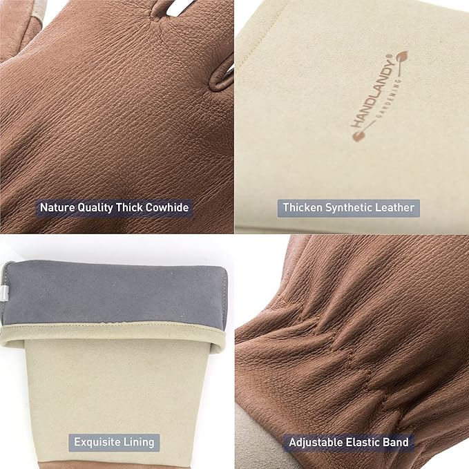 HANDLANDY Long Gardening Gloves for Men & Women, Thorn Proof Rose Pruning Gloves Leather Gauntlets Garden Gloves Yard Work Gloves (Large, Brown)