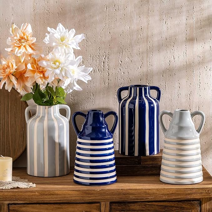Ceramic Grey and White Checkered Stripes Vase with Handles, Hand-Painted Modern Minimalist Bohemian Floral Vases Home Decor, Cottage Core Decor, Flower Vase for Bouquet Mantle Kitchen Bookshelf 9.1 In