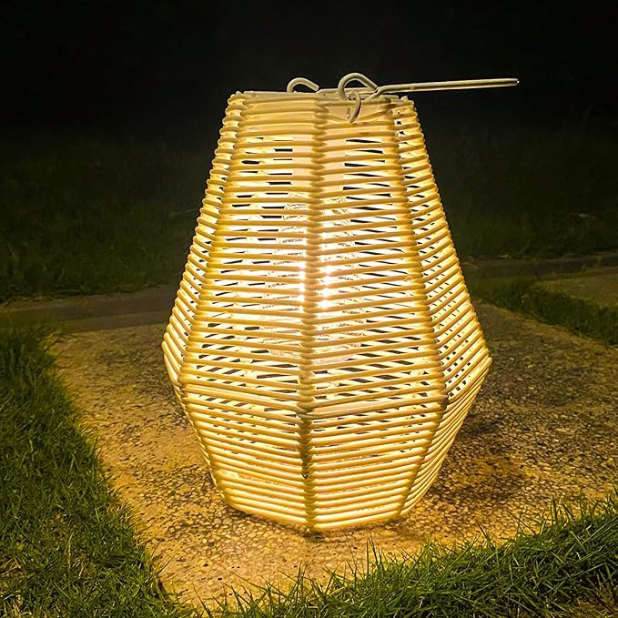 Outdoor Solar Lantern Hanging Decorative Rattan Lanterns with Handle White Large Solar Table Lamp Waterproof for Patio Garden Wedding Home Decor