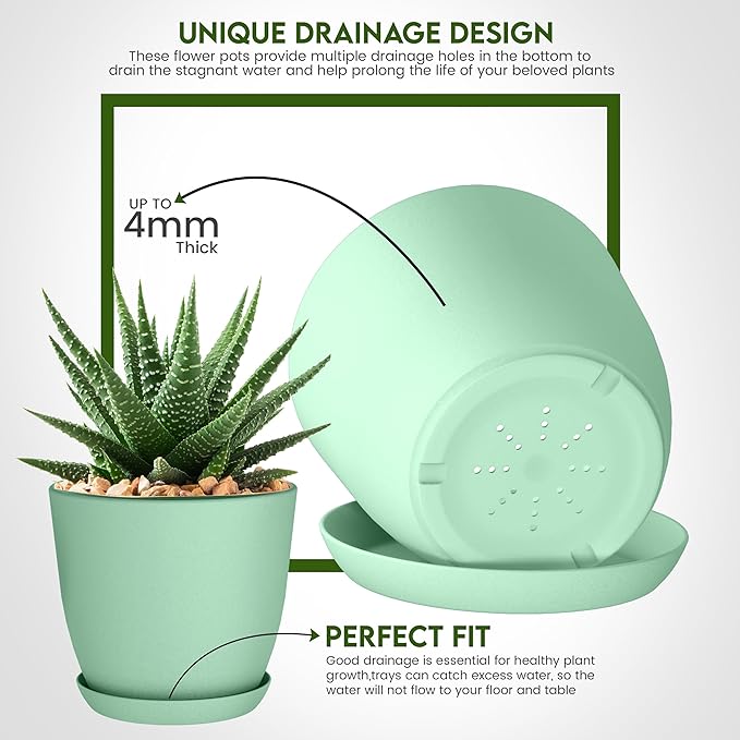 Utopia Home - Plant Pots Indoor with Drainage - 7/6.6/6/5.3/4.8 Inches Home Decor Flower Pots for Indoor Planter - Plastic Planters for Indoor Plants, Cactus, Succulents Pot (Mint, Pack of 10)
