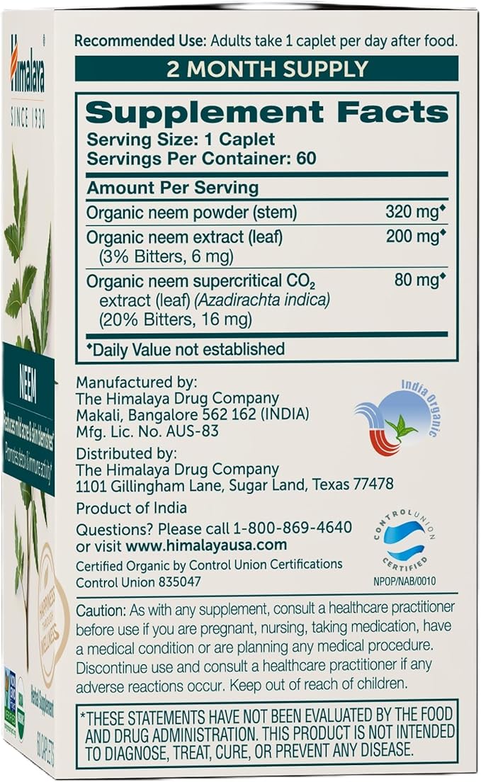 Himalaya Organic Neem Herbal Supplement, 600 mg, 60 Plant 2 Pack