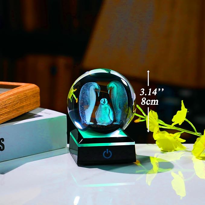 Penguin Gifts for Women 3D Crystal Ball 3.14'' - Laser Penguin Decor Glass Animals Penguin Gifts Figurines Statue Stuff for Room Decorations Penguin Night Light