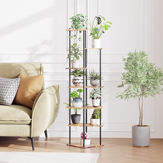Plant Stand Indoor 7-Tier Metal Wood Plant Shelf for Multiple Flower Pots Corner Tall Flower Holders for Living Room Balcony Bedroom, Brown