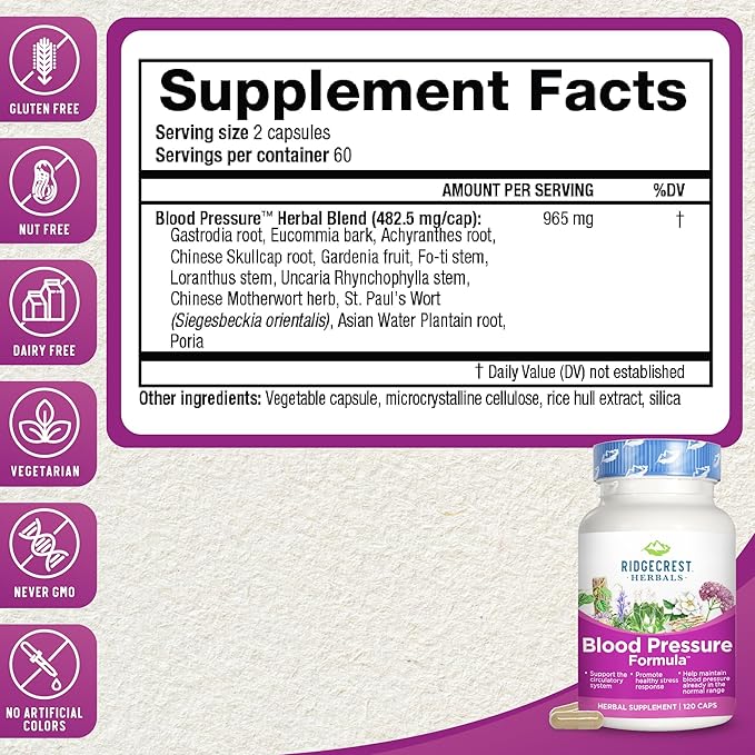 RidgeCrest Herbals Blood Pressure Herbal Formula, 12 Herbs, (120 Count)