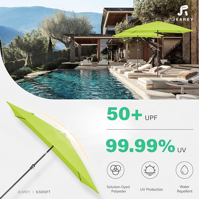 JEAREY 6.5x10 ft Rectangular Patio Umbrellas Outdoor Market Umbrella with Push Button Tilt and Crank, Rectangle Table Umbrella 6 Sturdy Ribs UV Protection for Pool Garden Backyard Deck, Apple Green