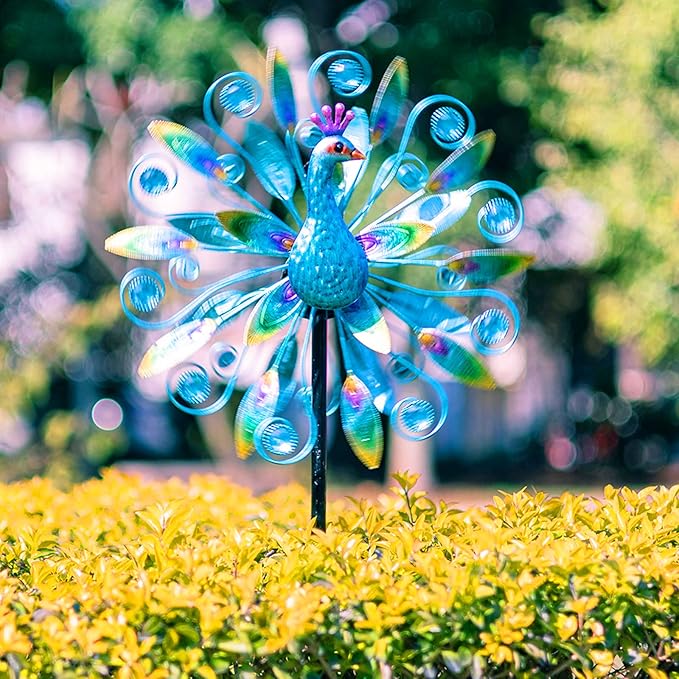 Outdoor Wind Spinner 58" Metal Peacock Wind Spinner Double Peacock Wind Sculpture for Garden Yard Patio Decoration
