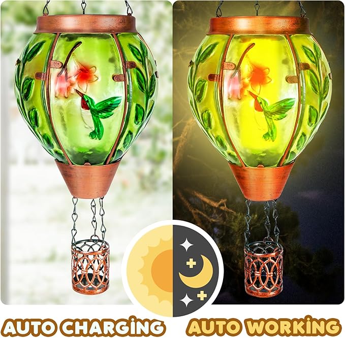 2 Pack Solar Hot Air Balloon Lantern with Flame,Hummingbird Outdoor Solar Lanterns for Outside Garden Yard Farmhouse Patio Pathway Decoration, Hummingbird Gifts for Women Grandma Mom - Hummingbird