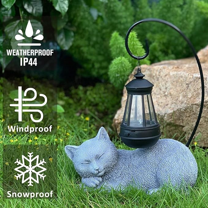 Solar Cat Outdoor Statues for Garden: Resin Cat Outside Decor with Solar Lantern Clearance for Yard Art, Cat Figurine Lawn Ornaments Porch Patio Balcony Home House - Birthday Gifts for Grandma Mom