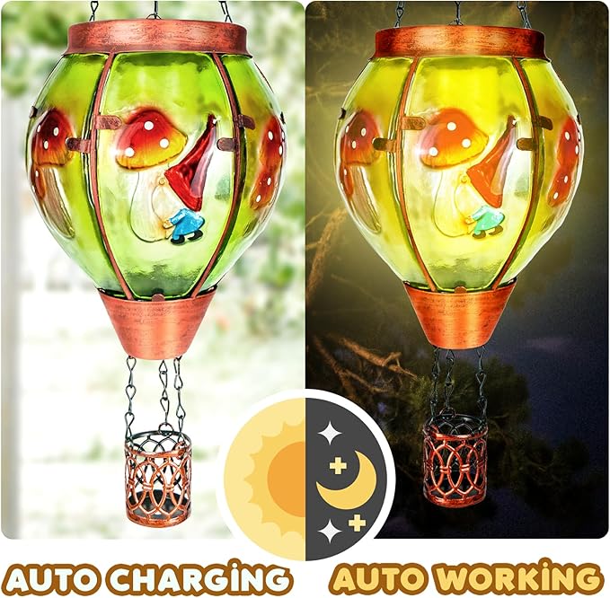 2 Pack Solar Hot Air Balloon Lantern with Flame,Mushroom Gnome Glass Solar Hanging Lanterns Outdoor for Outside Garden Patio Tree Porch Yard, Mushroom Gifts for Women Grandma Mom - Mushroom