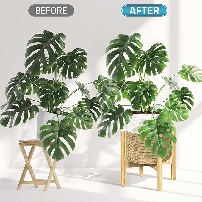 PAULINN Plant Basket with Stand 2 Packs, 11" x 11" & 9" x 9" Woven Plant Basket with Bamboo Stand, for Indoor Plants, Fits 10" x 10" & 8" x 8" Plant Pots