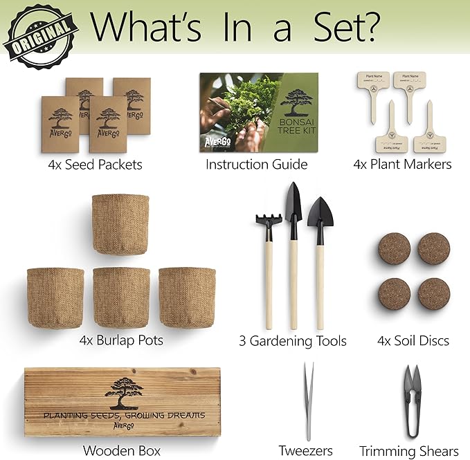 Bonsai Tree Kit – 4X Unique Japanese Bonzai Trees | Complete Indoor Starter Kit for Growing Bonsai Plants with Tools & Planters – Gardening Gifts for Women & Men