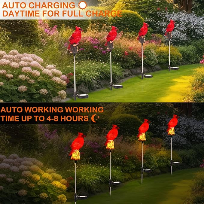 4 Pack Solar Cardinal Stake Light Cardinal Decor Garden Red Bird Figurine Memorial Solar Light Outdoor Pathway Yard Lawn Ornaments for Spring Easter Mothers Day Gifts Decorations Outside Women
