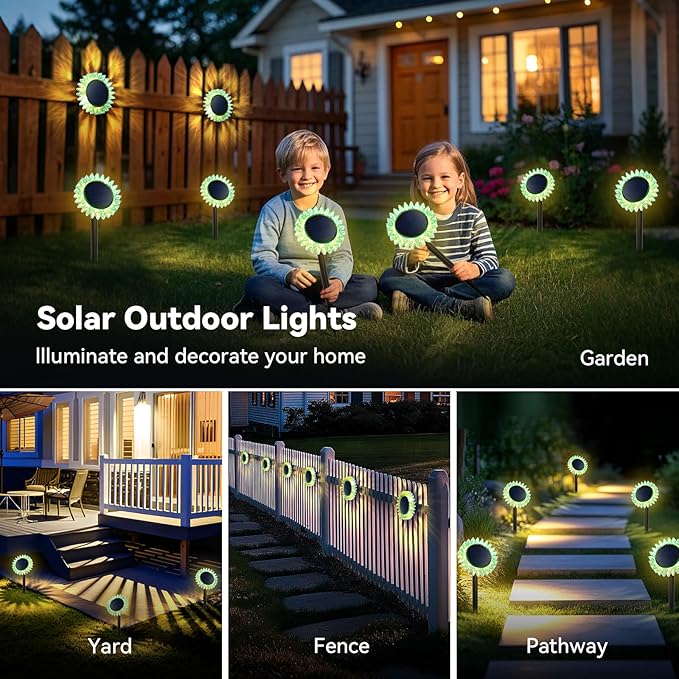 Hogni 4PK Solar Garden Lights, Ground Stake/Hang 2 in 1 Solar Sunflowers Outdoor Waterproof IP67, Outdoor Decor for Pathway Walkway Landscape Backyard Fence Decoration