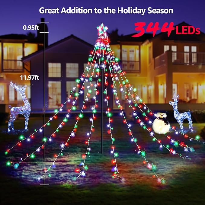 BlcTec Outdoor Christmas Lights 344 LED Christmas Star Lights with 9 Strands 11.9ft Waterfall Tree Lights, 8 Modes, Waterproof & Timer for Garden Yard Patio Outdoor Xmas Decorations,Red Green White