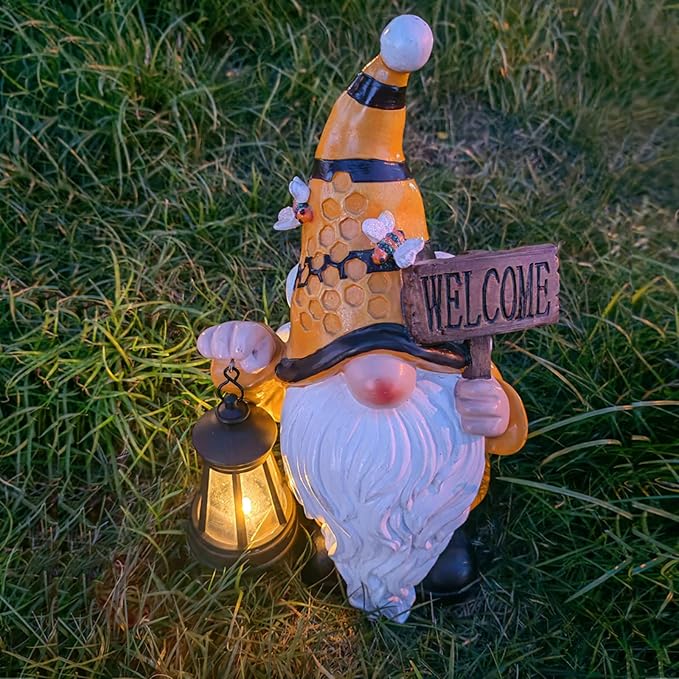 Gnome Garden Statues with Solar Lights Outdoor Gnomes Sculpture Yard Patio Decor for Lawn Ornaments Gardening Gifts(Bee Gnome