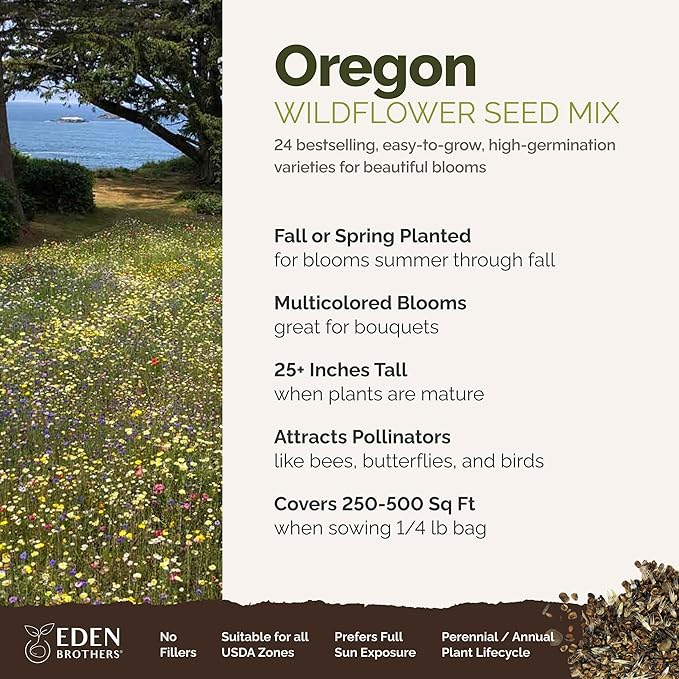 Eden Brothers Oregon Wildflower Mixed Seeds for Planting, 1/4 lb, 120,000+ Seeds with Bluebell, Cornflower | Attracts Pollinators, Plant in Spring or Fall, Zones