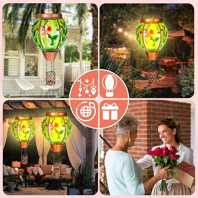 2 Pack Solar Hot Air Balloon Lantern with Flame,Hummingbird Outdoor Solar Lanterns for Outside Garden Yard Farmhouse Patio Pathway Decoration, Hummingbird Gifts for Women Grandma Mom - Hummingbird