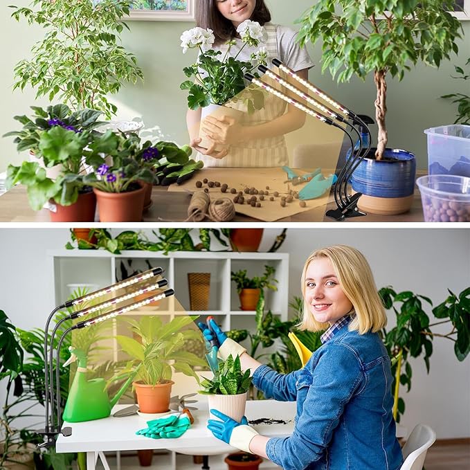 Full Spectrum LED Grow Light for Indoor Plants, 3 Heads Grow Lights for Seed Starting, 10 Dimmable Levels & 3 Timer Modes (3/9/12H), Adjustable 360° Gooseneck with Clip, 6000K Plant Grow Light