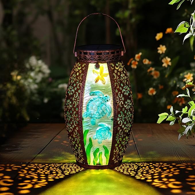 Larekook Outdoor Solar Lantern-Waterproof Turtles Hanging Metal Decorative Lights for Patio Table Garden Pathway Yard with Super Bright Warm White LED,Large Solar Panels,Auto On/Off Sensor