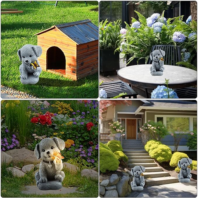 Solar Garden Decor Dog Statue with Butterfly Light Solar Lights Outdoor Waterproof Outdoor Solar Lights Garden Decor for Outside Lawn Decor Cute Dog Statue for Patio, Balcony, Yard Ornament