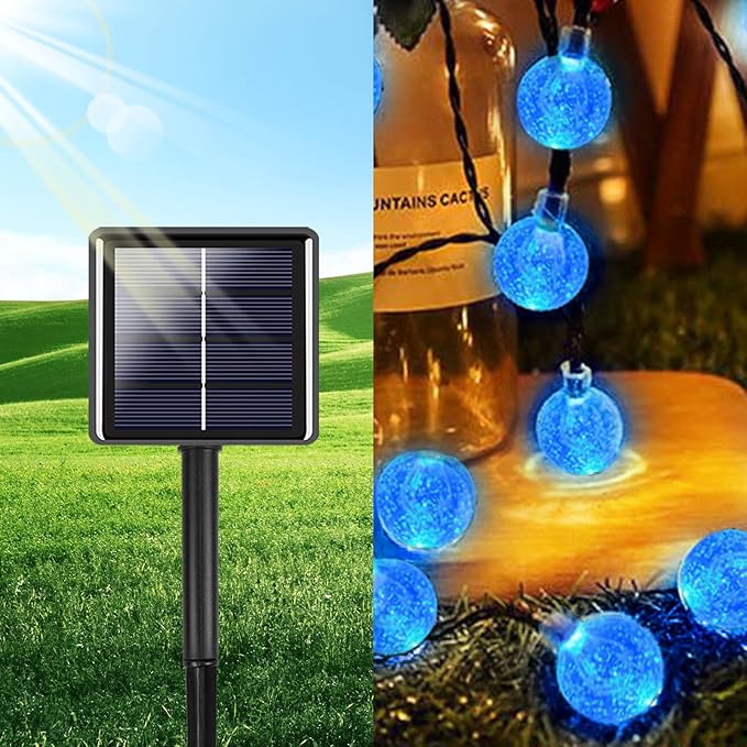 Blue 2-Pack 100 LED 64FT Crystal Globe Solar Christmas Lights, Outdoor Waterproof Solar String Lights with 8 Lighting Modes, Solar Outdoor Decorations for Tree Garden Patio Party Wedding Christmas