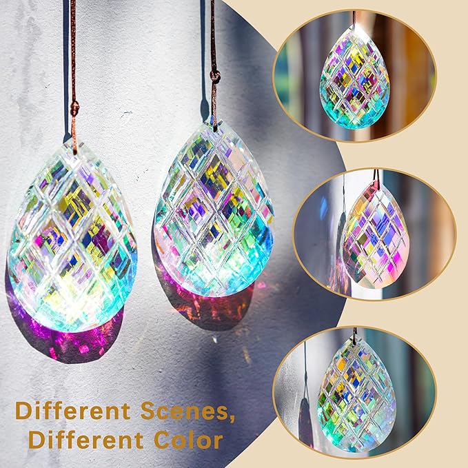 HDCRYSTALGIFTS Set 2 Crystal Sun Catcher Prisms Pendant for Window Hanging Decor,3inch AB Colored Crystal Suncatchers Rainbow Maker Light Catcher for Home Indoor Garden Ornament