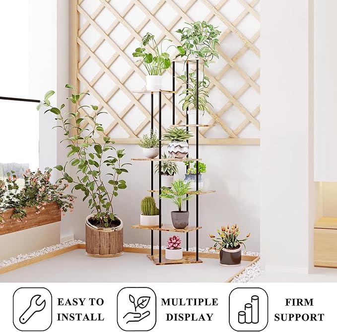 Plant Stand Indoor 7-Tier Metal Wood Plant Shelf for Multiple Flower Pots Corner Tall Flower Holders for Living Room Balcony Bedroom, Brown