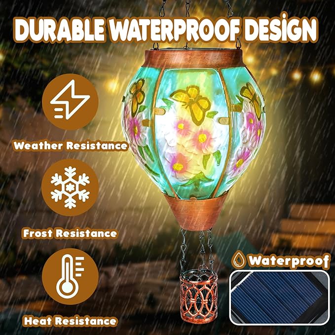 2 Pack Solar Hot Air Balloon Lantern with Flame, Butterfly Glass Outdoor Solar Lanterns for Outside Hanging Farmhouse Patio Pathway Decor, Butterfly Gifts for Women Grandma Mom - Butterfly
