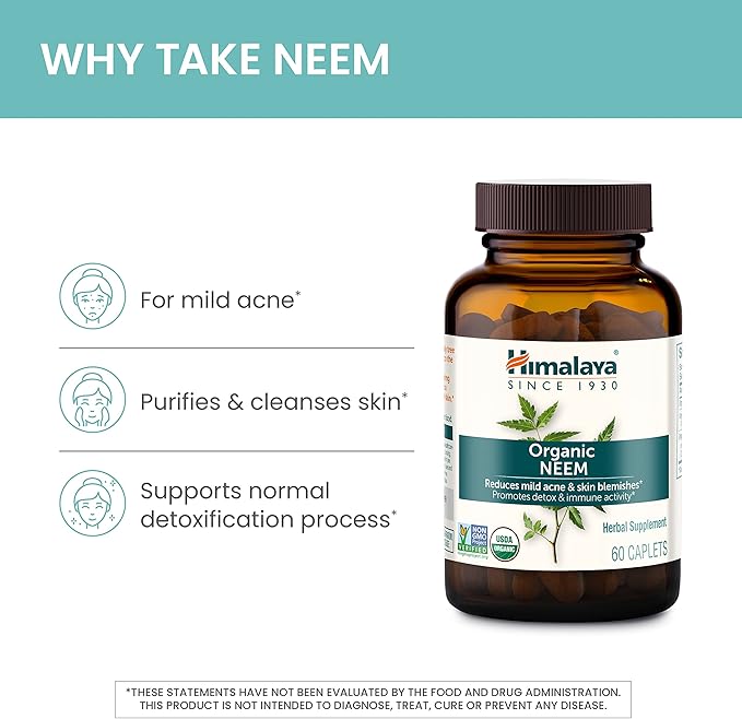 Himalaya Organic Neem Herbal Skin Supplement, 600 mg, 60 Plant-Based 60 Day