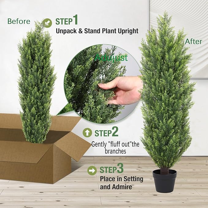 THE BLOOM TIMES 4ft Topiary Trees Artificial Outdoor 2 Pack – UV Resistant Faux Cedar Pine Cypress Bushes and Shrubs, Fake Potted Plants for Front Porch Outside Planter Patio Decor, Set of 2 (4 Foot)