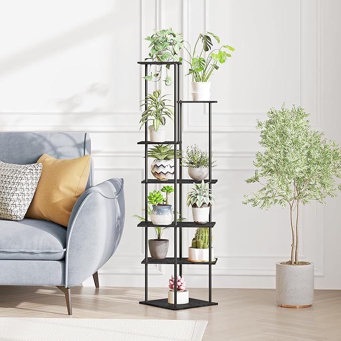 Plant Stand Indoor 7-Tier Metal Wood Plant Shelf for Multiple Flower Pots Corner Tall Flower Holders for Living Room Balcony Bedroom, Black