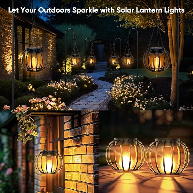 Solar Lanterns Outdoor Waterproof: 2 Pack Solar- Powered Metal Hanging Lights for Patio Garden Porch Yard - Weatherproof Auto On/Off Bright LED Decorations - Gardening Gifts for Women Mom