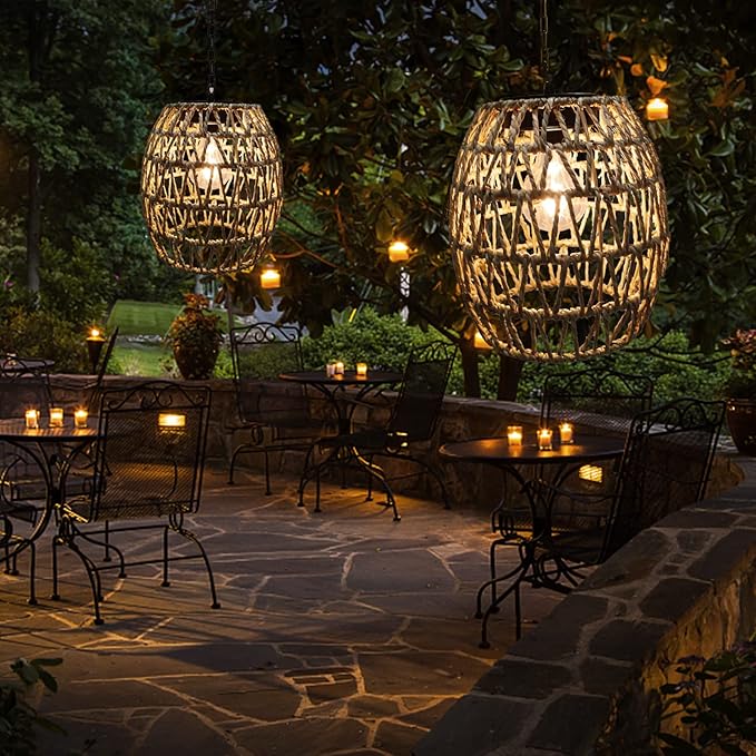 Outdoor Solar Hanging Lantern, Natural Seeweed Rattan Bamboo Woven Porch Patio Gazebo Pendent Chandelier Light Decorative Solar Powered Hanging Lamp for Front Door Garden