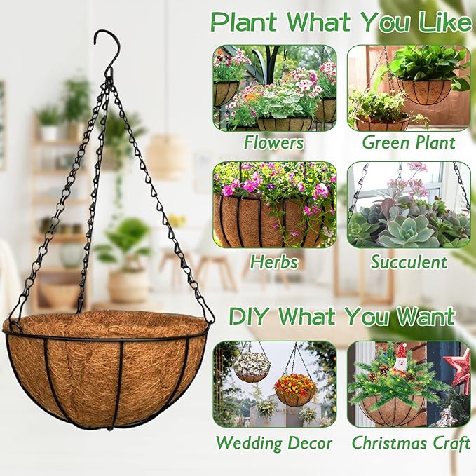 ZeeDix 3 Pack 14 Inch Metal Round Hanging Planter Basket with Coconut Liners Replacement, Hanging planters Baskets with Natural Coco Liner for Outdoor Indoor Planters Flowers Vegetables