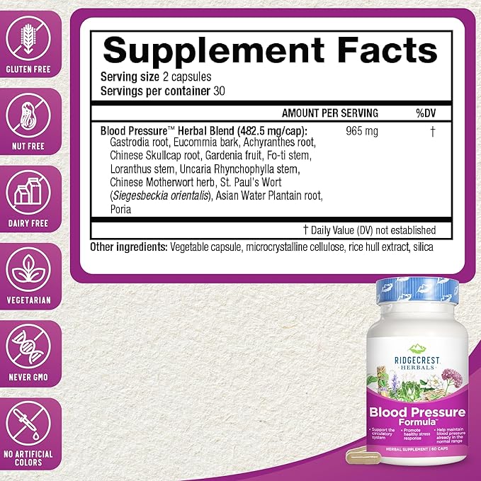 RidgeCrest Herbals Blood Pressure Herbal Formula, 12 Herbs, (60 Count 1))