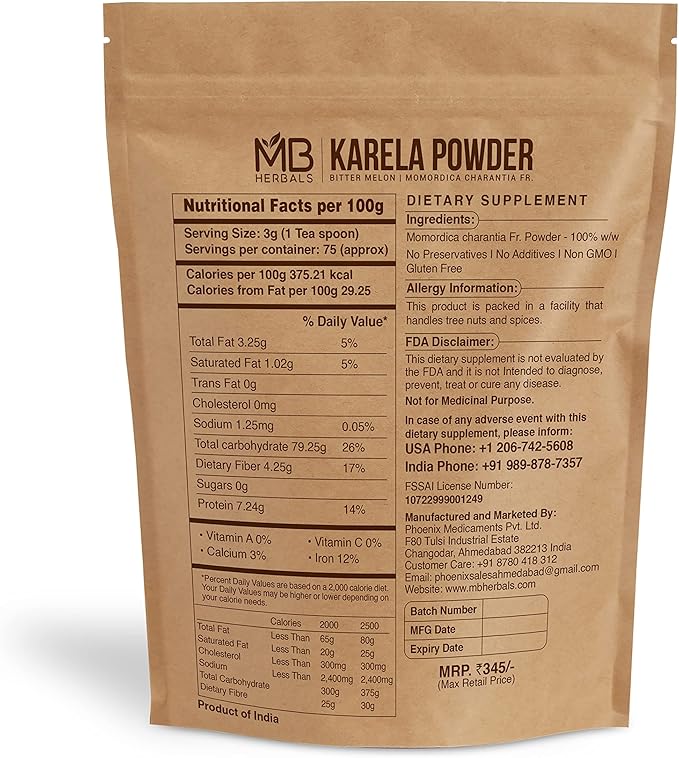 MB Herbals De-Seeded Karela Powder 8 227 Gram (0.5 lb) 100% Pure