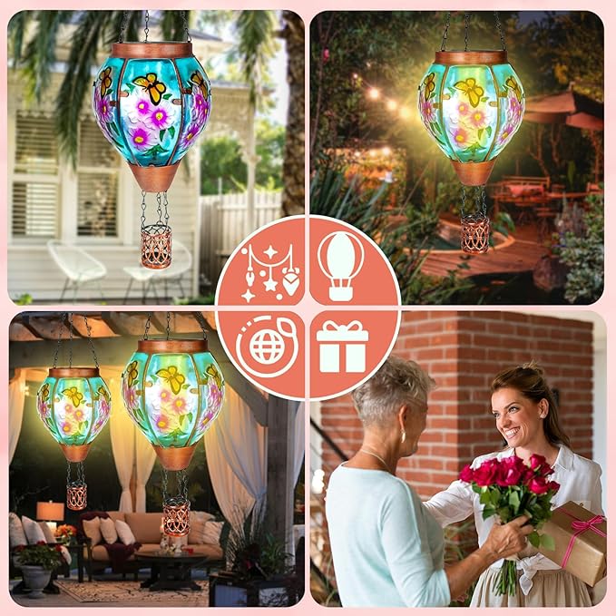 2 Pack Solar Hot Air Balloon Lantern with Flame, Butterfly Glass Outdoor Solar Lanterns for Outside Hanging Farmhouse Patio Pathway Decor, Butterfly Gifts for Women Grandma Mom - Butterfly