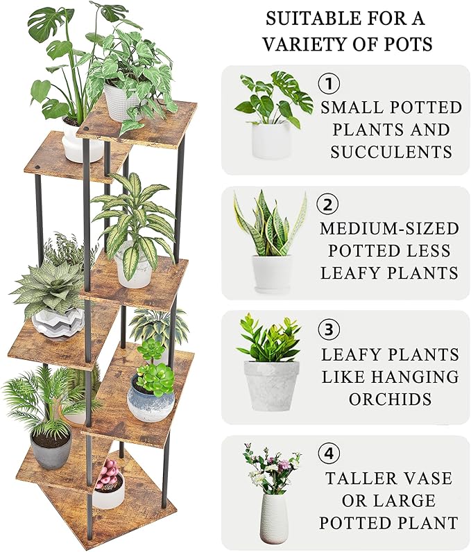 Plant Stand Indoor 7-Tier Metal Wood Plant Shelf for Multiple Flower Pots Corner Tall Flower Holders for Living Room Balcony Bedroom, Brown