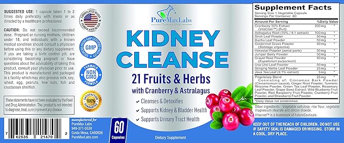 Herbal Kidney Cleanse with Cranberry Extract, Astralagus 21 Fruits 60 Vegan