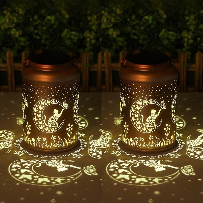 Solar Lanterns Outdoor Waterproof - 2 Pack Cat Garden Decor Birthday Gifts for Women Mom Grandma Hanging Solar Lights Metal Solar Lantern for Outside, Patio, Outdoor, Yard, Backyard, Porch