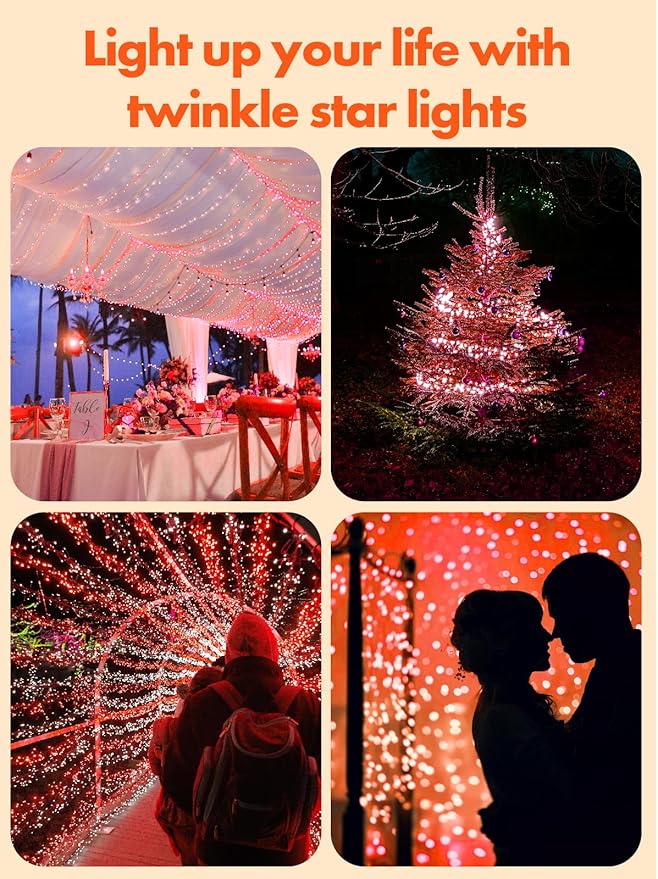 Twinkle Star 4 Pack Outdoor Solar String Lights, Total 160 FT 480 LED Solar Powered Valentines Day Decorative Fairy Lights with 8 Modes, Waterproof Silver Wire Light for Christmas Wedding Party, Red