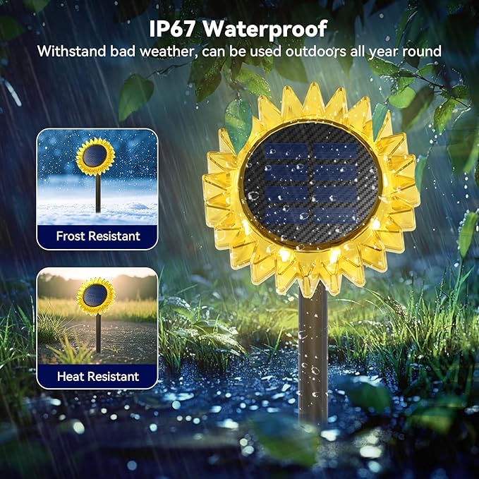 Hogni 6PK Solar Garden Lights, Ground Stake/Hang 2 in 1 Solar Sunflowers Outdoor Waterproof IP67, Outdoor Decor for Pathway Walkway Landscape Backyard Fence Decoration