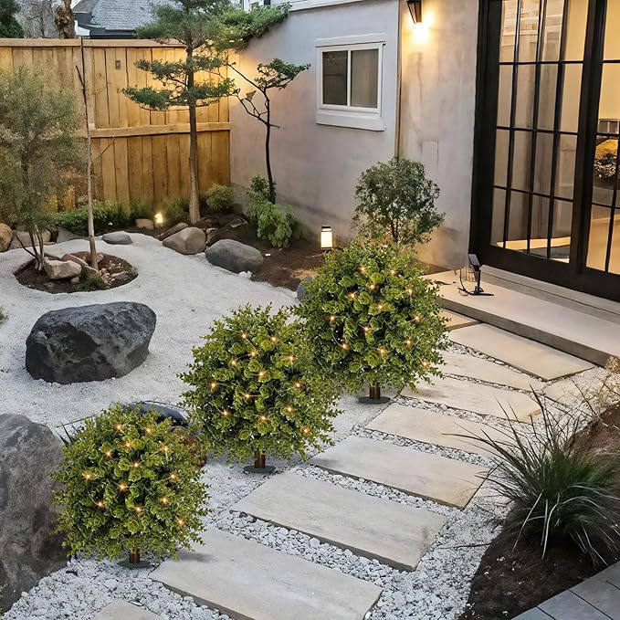 ICX 2 Set 25" Artificial Eucalyptus Topiary Ball Trees with Ground Spike,Artificial Plants Outdoor,Fake Bushes & Shrubs for Porch, Garden, Front Porch Decor - Indoor/Outdoor Faux Plants