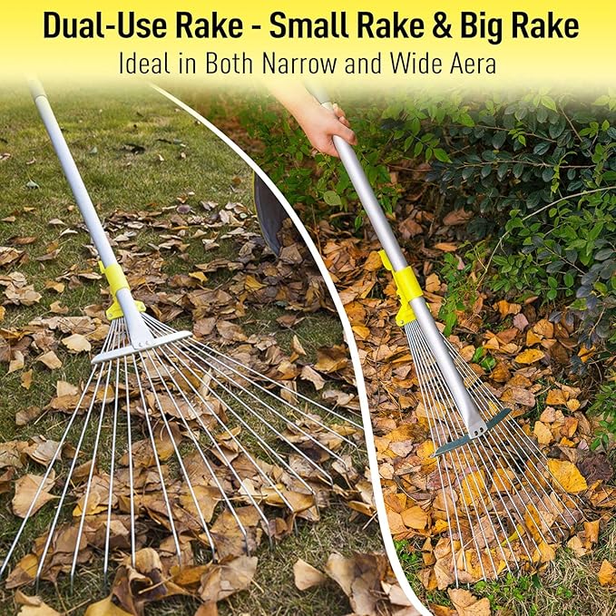 JARDINEER Adjustable Rakes for Leaves, Larger Garden Leaf Rake for Lawns Grass with 7-23" Expandable Head, Yard Collapsible Rake for Camping (64 inches)