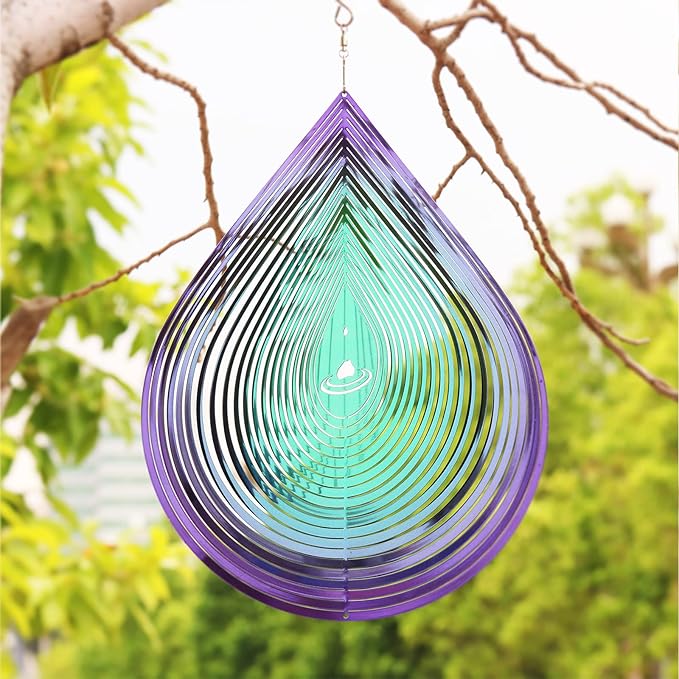 Wind Spinner Garden Indoor Outdoor Decor 3D Stainless Steel Metal Hanging Decorations, 3D Water Droplets Pattern Metal Wind Sculptures & Spinners Whirligig Gifts with 12inch(Green&Purple)