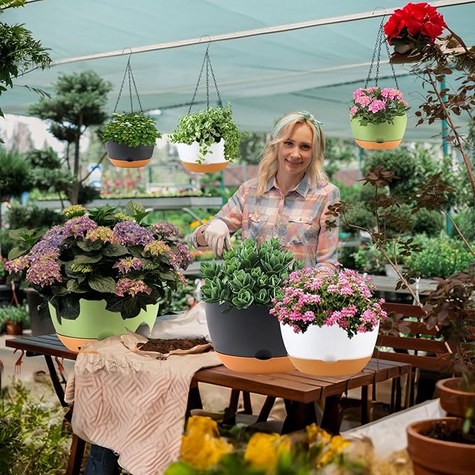 8/10/12 inch Plant Pot Hanging Planters Self Watering Pots for Indoor Plants, 3 Pack Plastic Hanging Basket with Removable Tray for Home Garden Porch Balcony Patio Decor(Black)