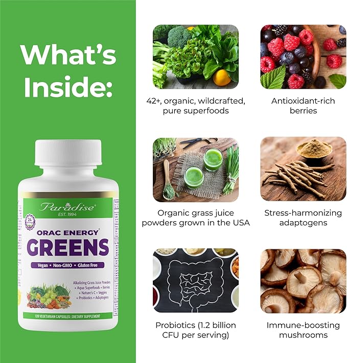 Paradise ORAC Energy Greens Powder Extract, 120 Capsules
